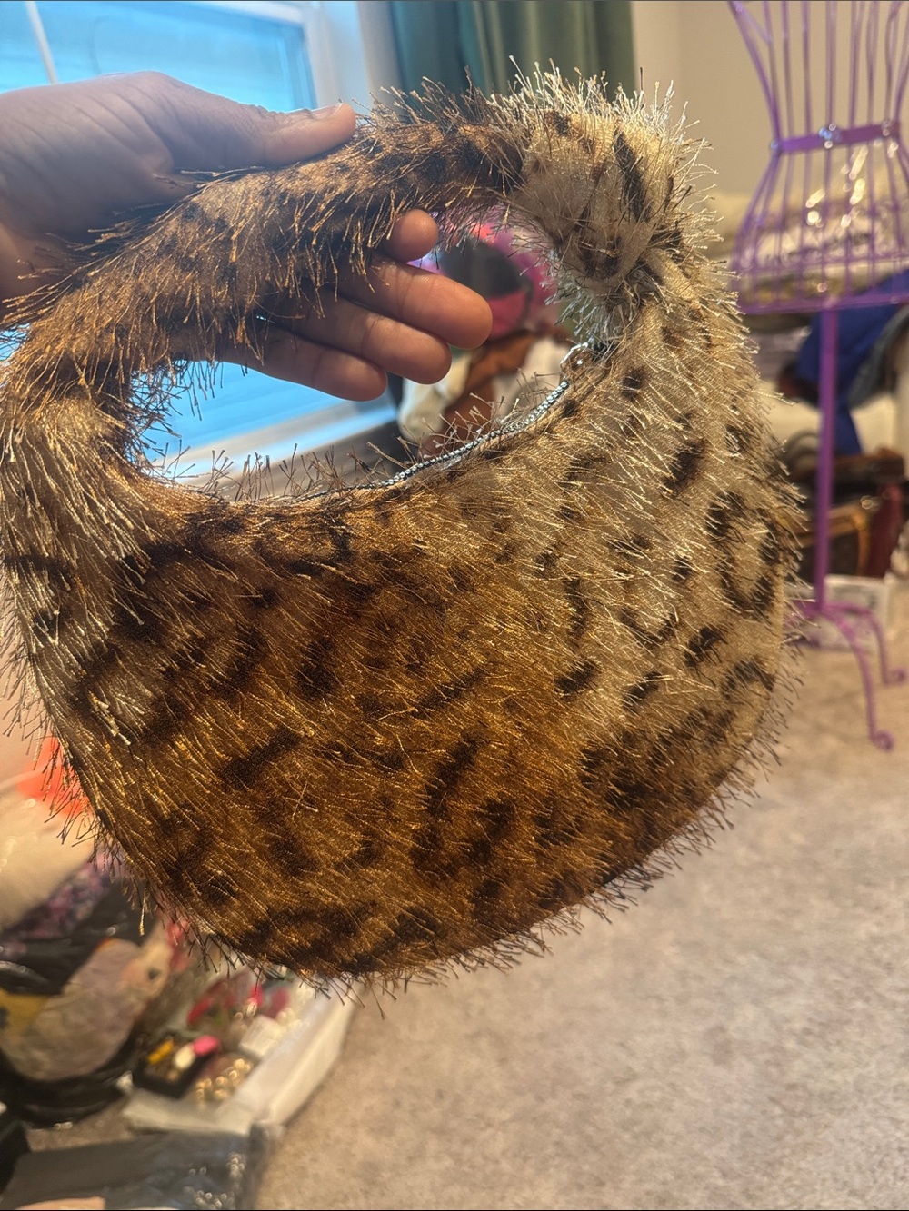 Leopard-Print Plush Purse Brown/Tan
